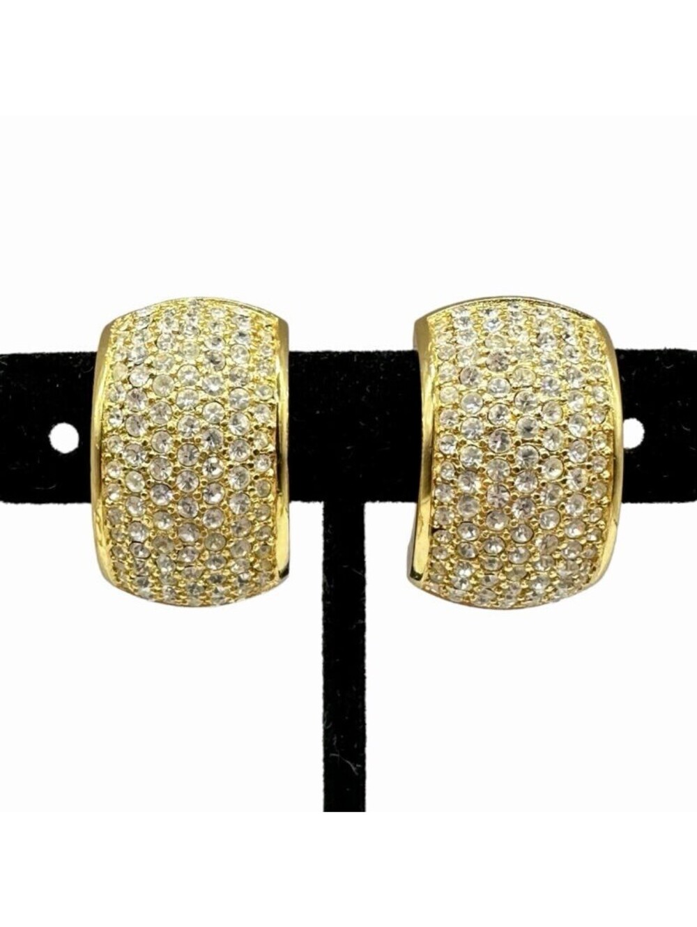Christian Dior Vintage Gold Tone Pave Crystal Dome Clip-On Earrings Designer